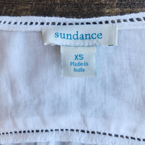 Sundance Chinoiserie Floral Bird Embroidered Boho Top Puff-Sleeve White Blue - Picture 12 of 13